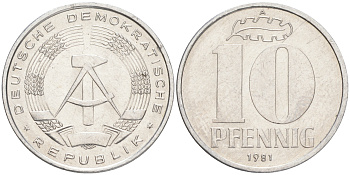 ГДР 10 пфеннигов 1981 А KM 10 алюминий 4556-446