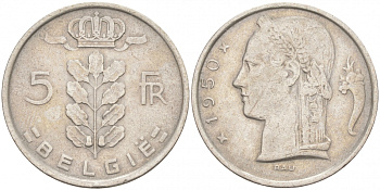 БЕЛЬГИЯ 5 ФРАНКОВ 1950 BELGIE KM 135.1 медно-никель 68-242