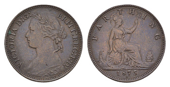 Великобритания 1 фартинг 1875 H, Виктория (1837-1901) KM 753, Spink 3959 бронза 1520-1024