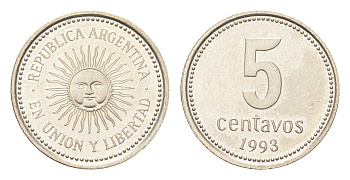 Аргентина 5 сентаво 1993 KM 109a медно-никель UNC 4664-215
