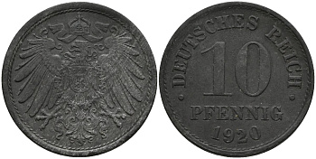 Германия 10 пфеннигов 1920 KM 26, J. 299, Weege 8 цинк 4171-252