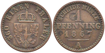 ПРУССИЯ 1 ПФЕННИГ 1867 А, ВИЛЬГЕЛЬМ I (1861-1888) KM 480 медь 201-548