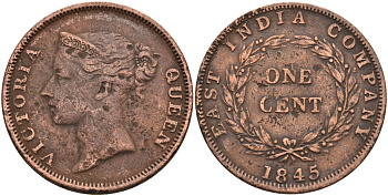 Стрейтс-Сетлментс 1 цент 1845 Виктория (1837-1901), Ост-Индская компания KM 3 медь 4590-121