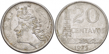 Бразилия 20 сентаво 1975 голова свободы влево KM 579.1a, Schon 84b нержавеющая сталь 3718-611