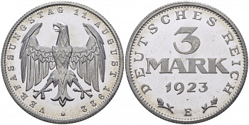 Германия 3 марки 1922 E, третья годовщина Веймарской конституции KM 29, J. 303 алюминий PROOF 00-814-31