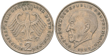 ФРГ 2 марки 1971 G, Конрад Аденауэр, 20 лет Федеративной Республике KM 124 медно-никель 4565-533
