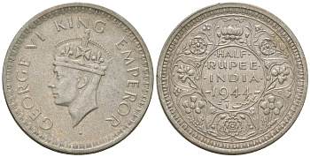Британская Индия 1/2 рупии 1944 L - Лахор, Георг VI (1936-1952) KM 552 серебро 108-1151
