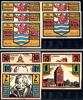 Штольп (Пруссия, Померания) полный набор из 5 нотгельдов (50 и 75 пфеннигов; 1, 1,5 и 2 марки) 1922 Mehl Grabowski 1275.1 бумага UNC (пресс) 7556-58-1-1