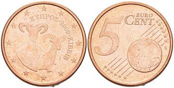 Кипр 5 евроцентов 2009 два муфлона KM 80 сталь плакированная медью UNC 99-138