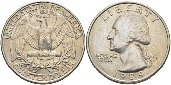 США 25 ЦЕНТОВ = КВОТЕР 1989 Р, ВАШИНГТОН KM А164а медь плакированная медно-никелем 117-256