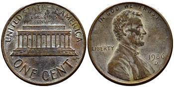 США 1 ЦЕНТ 1986 D KM 201b медь-цинк 4178-255