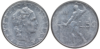 Италия 50 лир 1978 R, бог Вулкан у наковальни KM 95.1 нержавеющая сталь 4142-1144