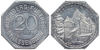 Германия, Нюрнберг - Фюрт 20 пфеннигов ND трамвайный жетон, надвратная башня Неутор алюминий UNC 4119-725