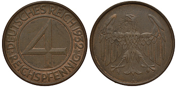 ГЕРМАНИЯ 4 РЕЙХСПФЕННИГА 1932 A KM 75, J. 315 медь 413-3523