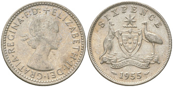 Австралия 6 пенсов 1955 Елизавета II (1952-2022) KM 58 серебро 4623-246