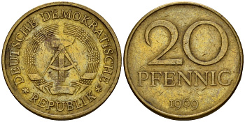 ГДР 20 пфеннигов 1969 A, первый год KM 11 латунь 4601-537