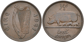 Ирландия 1/2 пенни 1941 свинья с поросятами KM 10 бронза 4561-1132