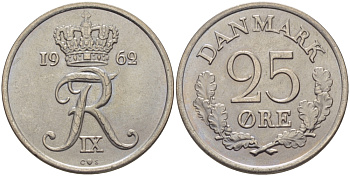 ДАНИЯ 25 ЭРЕ 1962 С; S, ФРЕДЕРИК IX (1947-1972) KM 850 медно-никель UNC 28-412
