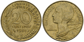 Франция 20 сантимов 1985 тип Marianne KM 930 медь алюминий никель 4135-624