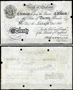 Англия 20 фунтов 1931 Лондон, 15 декабря, Операция "Бернхард", фальшивка в ущерб денежному обращению PW № RB172, Pick 337 a  бумага   444-124-1-1