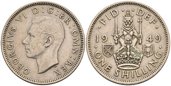 Великобритания 1 шиллинг 1949 Георг VI (1936-1952), Шотландский герб KM 877, Spink 4109 медно-никель 4126-412