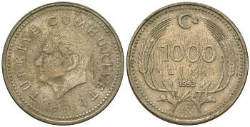 Турция 1000 лир 1993 Кемаль Ататюрк KM 97 медь цинк никель 4605-134