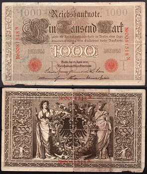 Германия 1000 марок 1910 Берлин,N; аллегорические фигуры («Мореплавание» и «Земледелие»), герб Pick 44 b бумага 7547-85-2-2