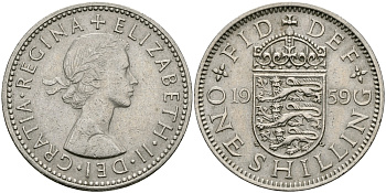 Великобритания 1 шиллинг 1959 Елизавета II (1952-2022), Английский герб KM 904, Spink 4147 медно-никель 94-534