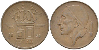 БЕЛЬГИЯ 50 САНТИМОВ 1955 BELGIQUE, БОДУЭН I (1951-1993) KM 144 бронза 116-1014