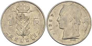 БЕЛЬГИЯ 1 ФРАНК 1963 BELGIE KM 143.1 медно-никель 4546-354