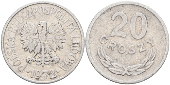 Польша 20 грошей 1972 MW KM А47 алюминий    4174-713