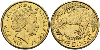 Новая Зеландия 1 доллар 2010 Елизавета II (1952-2022), птица киви  KM 120 алюминиевая бронза 61-616