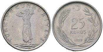 Турция 25 курушей 1959 KM 892.1 нержавеющая сталь 4582-342