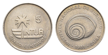 Куба 5 сентаво 1981 туристические деньги, INTURб тонкая 5 KM 412.2 медно-никель UNC 4636-665