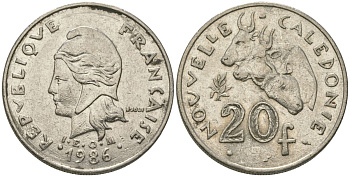 Французская Новая Каледония 20 франков 1986 три быка, (IEOM) KM 12, Schoen 14, Lec 112 никель 4680-235