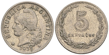 Аргентина 5 сентаво 1938 голова свободы влево KM 34, CJ 168, Schon 37 медно-никель    4609-1129