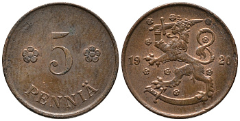 Финляндия 5 пенни 1920 KM 22 медь 99-626