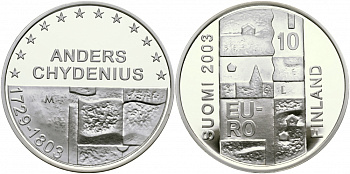 Финляндия 10 евро 2003 200 лет со дня смерти Андерса Чудениуса KM 110 серебро PROOF 11-226-32