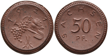 Саксония 50 пфеннигов 1921 виноград и лопата J. N 54 фарфор 1094-5-71