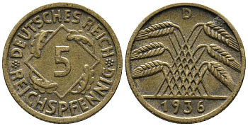ГЕРМАНИЯ 5 РЕЙХСПФЕННИГОВ 1936 D KM 39, J. 316 алюминиевая бронза 39-618