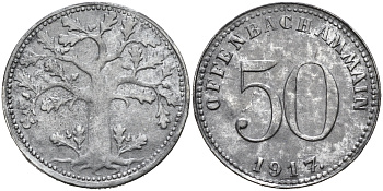 ОФЕНБАХ-НА-МАЙНЕ 50 ПФЕННИГОВ 1917 НОТГЕЛЬД цинк 75-1549