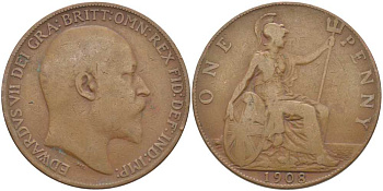 Великобритания 1 пенни 1908 Эдуард VII (1901-1910) KM 794.2, Spink 3990 бронза 109-536