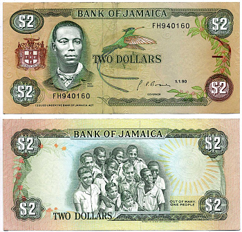 Ямайка 2 доллара 1990 1 января 1990, ПОЛ БОГЛЕ Pick 69d бумага 6299-24-2-2