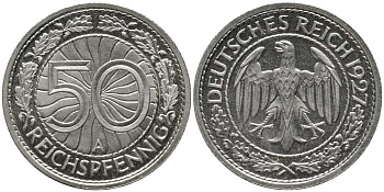 Германия 50 пфеннигов 1927 А J. 324, KM 49 никель PROOF 00-817-39