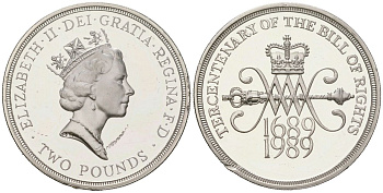 Великобритания 2 фунта 1989 Елизавета II (1952-2022), 300 лет "Биллю о правах" Англии KM?960a, Spink?K2 серебро PROOF 1531-1133