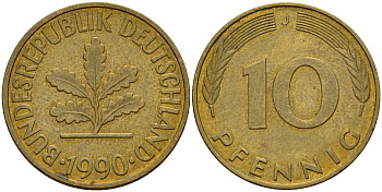 ФРГ 10 пфеннигов 1990 J J. 383, KM 108 сталь плакированная латунью    4603-631