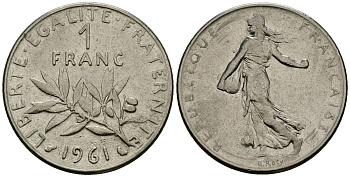Франция 1 франк 1961 сеятель KM 925 никель 4135-817