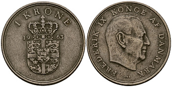 Дания 1 крона 1963 Фредерик IX (1947-1972) KM 852 медно-никель 4176-515