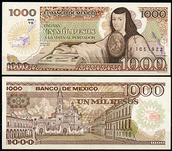 Мексика 1000 песо 1985 Хуана Инес де ла Крус, площадь Санто-Доминго серия YE Pick 85  бумага  UNC (пресс) 447-122-1