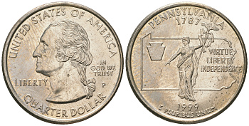 США 25 центов = квотер 1999 Р, серия штаты США, Пенсильвания KM 294 медь плакированная медно-никелем  UNC 60-1325